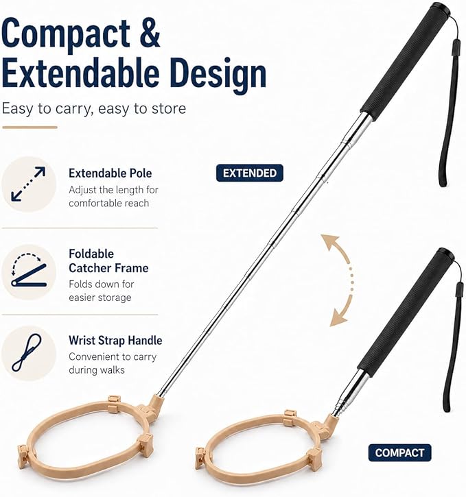 Pooper Scooper for Dogs, Hands-Free Pet Waste Pickup Tool, Foldable 8 Inch Design with 32 Inch Extendable Handle, Stainless Steel Rod, Includes 15 Bags for Yard, Walks and Travel