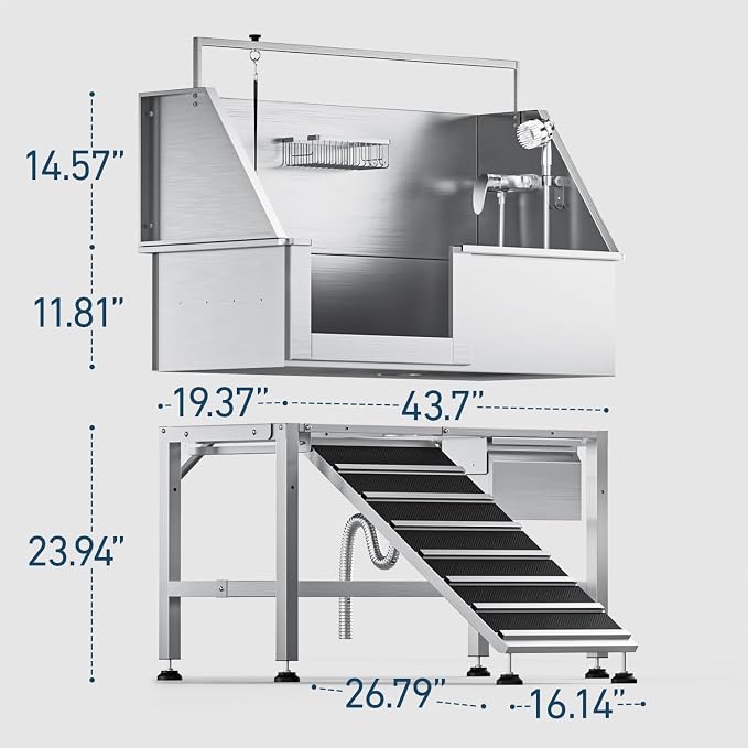 46" Dog Wash Station, 304 Stainless Steel, Side Ramp, 440 lb | Storage Drawer, pet grooming tub, hot cold faucet, fixed sprayer, shampoo dispenser, S-trap, hair filter, garage outdoor use