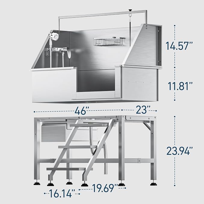 46" Dog Washing Station, Leak-Proof 304 Stainless Steel Dog Bathtub with Non-Slip Removable Left Stair & Storage Drawer, Elevated Pet Wash Station for Large Dogs, Indoor & Outdoor Use (Right Stair)
