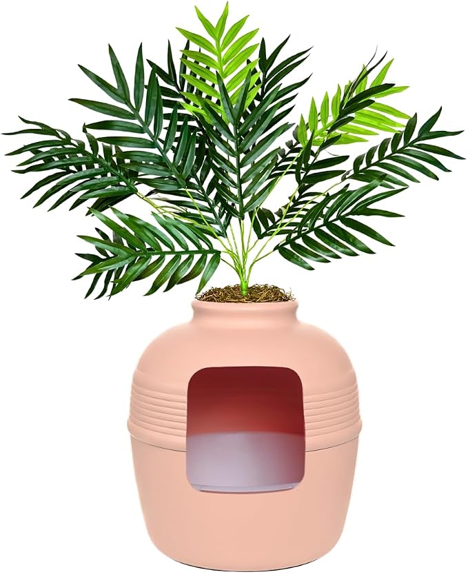 Good Pet Stuff Original Hidden Litter Box Planter, Decorative Cat Litter Enclosure with Carbon Filter, Artificial Palm Plant, Upgraded Design, Easy Clean Litter Tray, Essentials Kit, Pink Coral