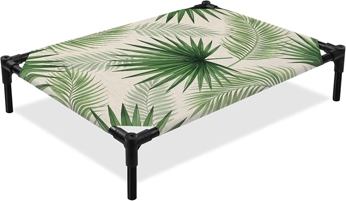 Outdoor Elevated Dog Bed for Medium Dogs, Summer Leaves Breathable Cooling Raised Dog Cot for Indoor/Outdoor, Rustic Tropical Palm Leaf Plants Branches Waterproof Elevated Pet Beds, M 24 x 20 in
