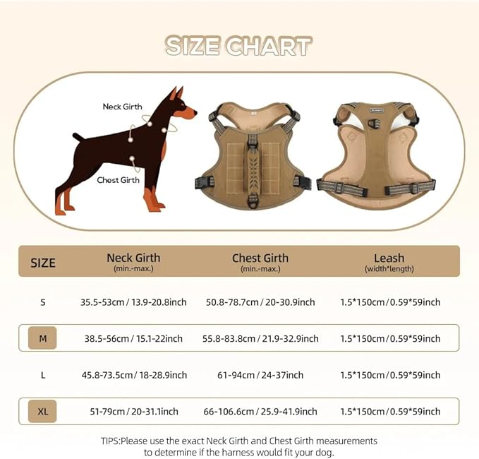 Tactical Dog Harness with Leash for Large Dogs, No Pull Adjustable Dog Harness, Reflective K9 Working Pet Vest for Walking, Training (Khaki, XL)