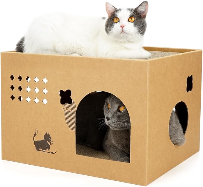 Cat Cardboard House with 2 PCS Scratching Pads，Large Cat Scratcher Bed Cat Scratchers Lounge for Indoor Cats with Corrugated Board Detachable Cat Scratcher Box for Cats(Cactus)