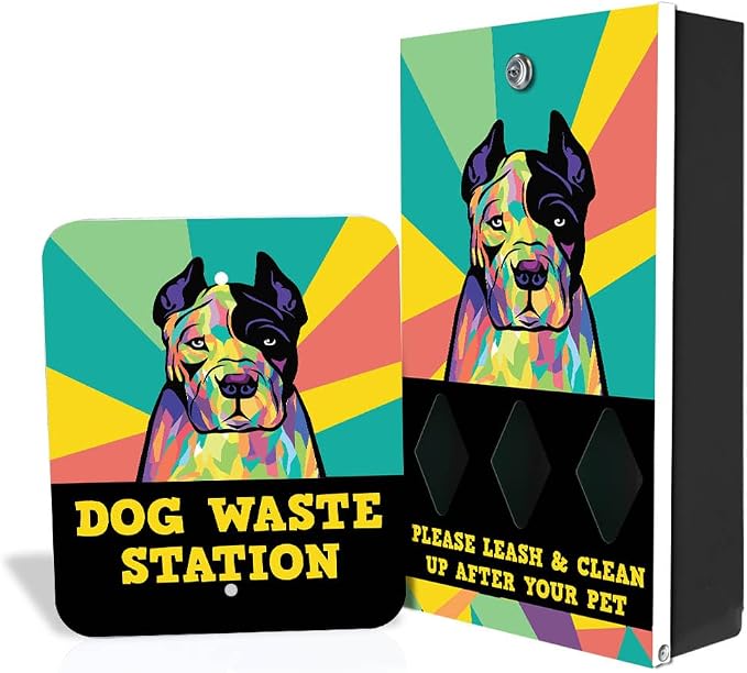 Zero Waste USA - DISPENSE-ART™ Dog Waste Station - American Pit Bull | Commercial rust-proof aluminum station with UV artwork, 400 roll bags, 10-gallon can & 10-year warranty