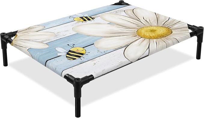 Outdoor Elevated Dog Bed for Large Dogs, White Daisy Rustic Breathable Cooling Raised Dog Cot for Indoor/Outdoor, Pastoral Flowers Honeybees Blue Wood Waterproof Elevated Pet Beds, L 28 x 22 in