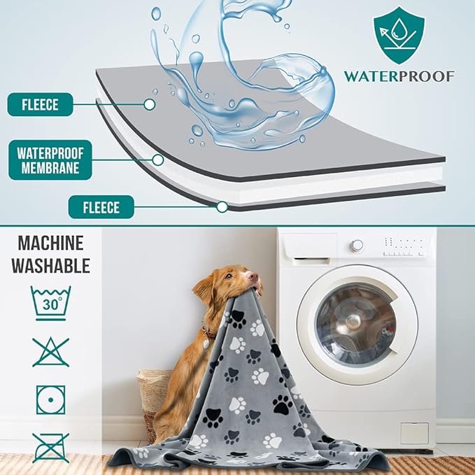 PetAmi Waterproof Dog Blanket for Extra Large Pets Dogs Cats, Large Pet Couch Cover Protector for Furniture, Reversible Washable Soft Fleece Cat Blanket for Bed Couch Sofa, 60x80 (Paw Print Gray)