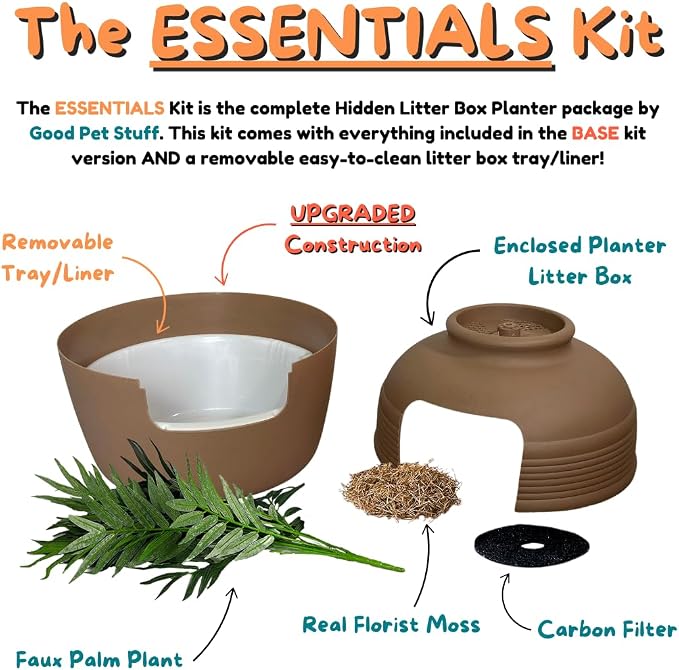 Good Pet Stuff Original Hidden Litter Box Planter, Decorative Cat Litter Enclosure with Carbon Filter, Artificial Palm Plant, Upgraded Design, Easy Clean Litter Tray, Essentials Kit, Mocha Brown
