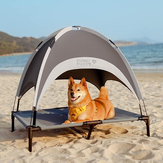 Outdoor Elevated Dog Bed with Canopy for Medium Dog, 36" Grey | Portable Raised Camping Pet Cot Hammock,Breathable Teslin Mesh,Weather Resistant,For Medium Pet Up to 55 lbs,Easy to Assemble