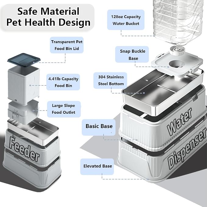Elevated Automatic Pet Feeder & Water Dispenser, 128 Fl Oz/1 Gallon Water & 4.4lb Food Capacity, Stainless Steel Bowl, 2-Level Height Adjustable, Neck Protection for Small/Medium Dogs,Anti-Choking