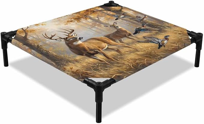 Outdoor Elevated Dog Bed for Small Dogs, Brown Deer Birds Breathable Cooling Raised Dog Cot for Indoor/Outdoor, Autumn Forest Trees Grass Natural Scenery Waterproof Elevated Pet Beds, S 20 x 20 in