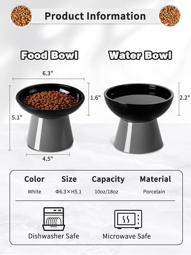 LoeJan Elevated Cat Food and Water Bowls Set, Extra Wide and Raised Ceramic Feeder, Anti-Vomit Whisker-Free Pressure Feeding Bowl for Kittens Adult Small Dogs(Black, 2 Pack)