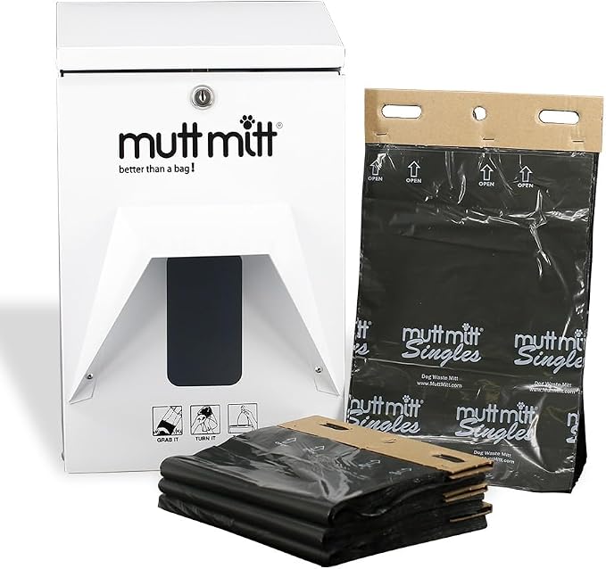 Mutt Mitt® Aluminum Dog Waste Starter Station - Gloss White | Singles | Rust-proof aluminum dispenser, includes 400 header bags, locking hood, fits all 5" header refills, hardware included