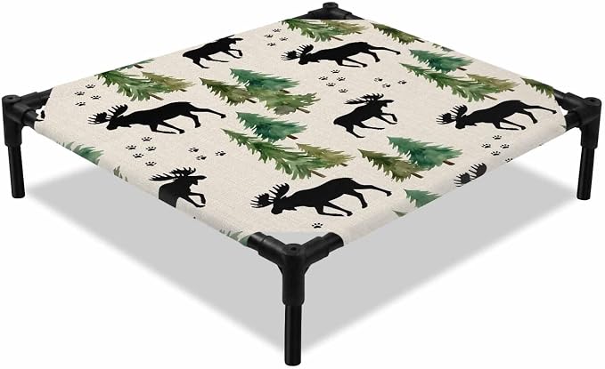 Outdoor Elevated Dog Bed for Small Dogs, Black Green Moose Breathable Cooling Raised Dog Cot for Indoor/Outdoor, Modern Animals Trees Rustic Waterproof Elevated Pet Beds, S 20 x 20 in