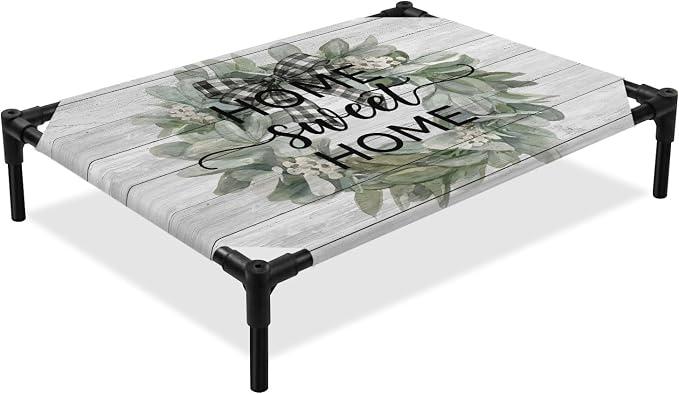 Outdoor Elevated Dog Bed for Large Dogs, Farmhouse Leaves Breathable Cooling Raised Dog Cot for Indoor/Outdoor, Florals Country Vintage Gray Wood Waterproof Elevated Pet Beds, L 28 x 22 in