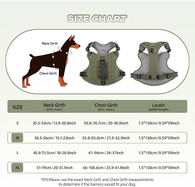 Tactical Dog Harness with Leash for Large Dogs, No Pull Adjustable Dog Harness, Reflective K9 Working Pet Vest for Walking, Training (Army Green, XL)