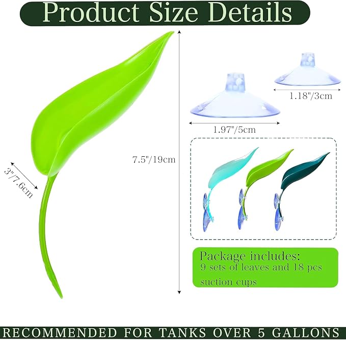 9-Pack Plastic Leaf Decor Decorations with Suction Cups, Reptile Basking Platform for Terrarium Frog Tank, Habitat Climbing Resting Area for Tree Frogs, African Dwarf Frogs, Toads, Turtles and Lizards