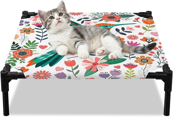 Outdoor Elevated Dog Bed for Small Dogs, Birds Flowers Breathable Cooling Raised Dog Cot for Indoor/Outdoor, Cartoon Sunny Colorful Botanical Floral Waterproof Elevated Pet Beds, S 20 x 20 in
