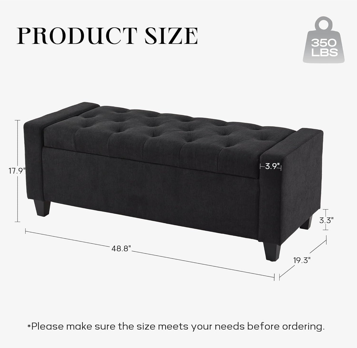 Ottoman with Storage, 48.8" Fabric Storage Ottoman Bench with Hinge, Bedroom Bench, Upholstered Benches with Seating for Living Room, Entryway (Dark Grey)