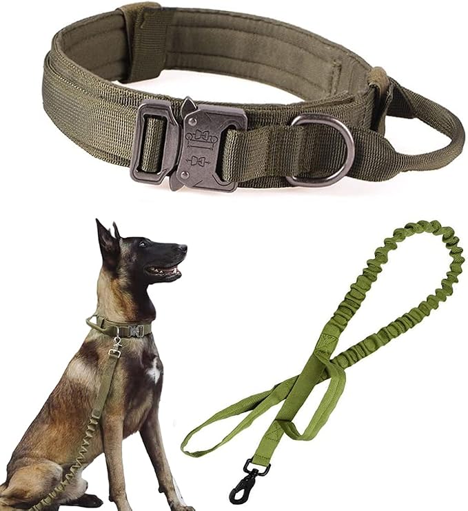 Tactical Dog Collar and Leash Set for Large Dogs with Control Handle，Green | 1000D Heavy-Duty Nylon Fabric,Quick-Release Metal Buckle,Adjustable Fit,Soft-Padded Webbing,D-Ring,for Training & Hiking,L