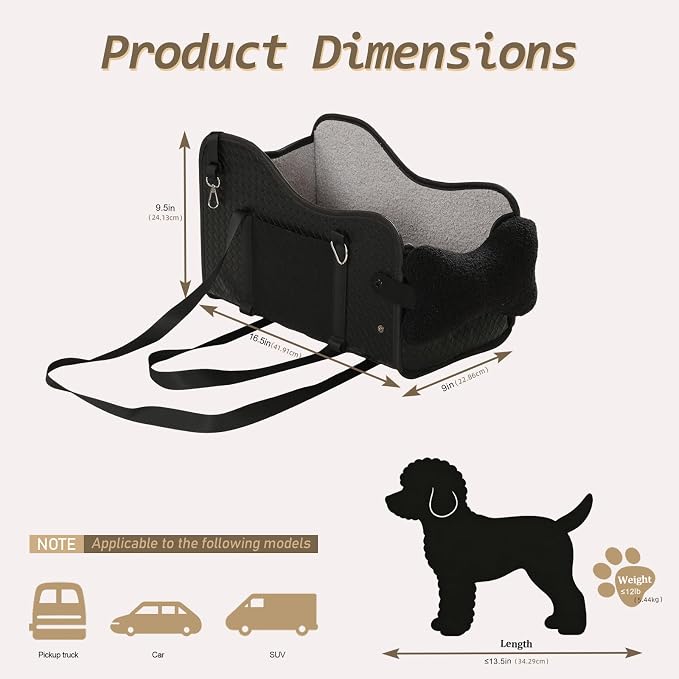 Dog Car Seat for Small/Medium Dogs Under 15 lbs with 2 Replaceable Dual-Sided Summer/Winter Cushions, Portable Booster & Pet Bed for Back & Front Seat Travel, Carrier with Leash Clip