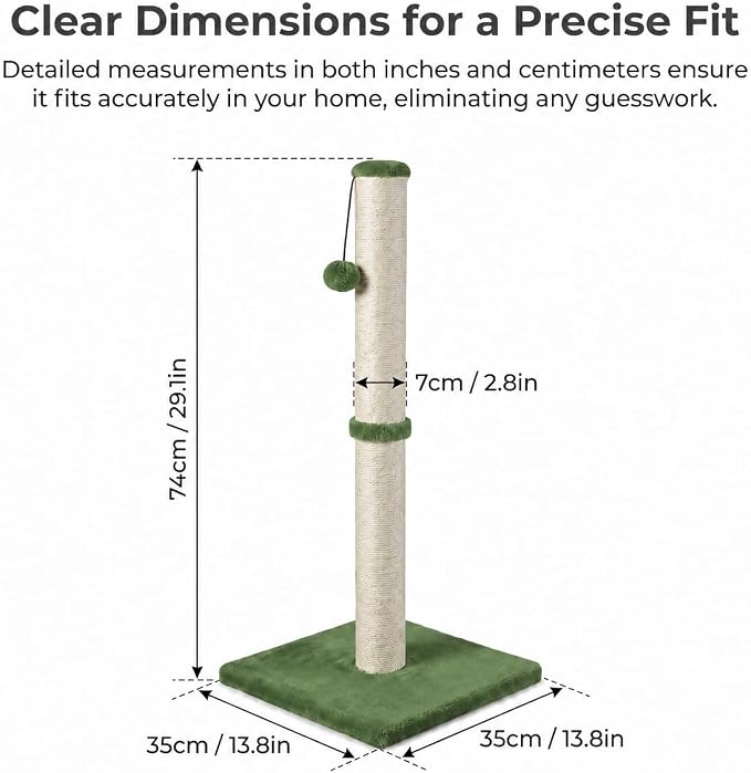 Dimaka Tall Cat Scratching Post, Claw Scratcher with Sisal Rope and Covered with Soft Smooth Plush, Vertical Scratch [Full Strectch] for Standard Size Cats (Green, 29 inches for All Cats)