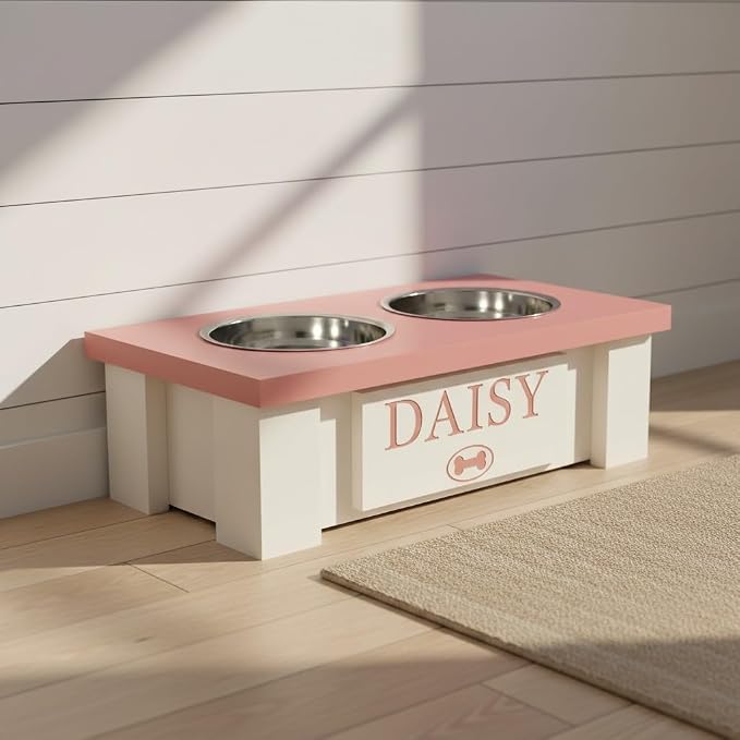 Elevated Dog Bowls for Small Dogs, Personalized Food Stand for Toy Breed | Farmhouse Style, Elevated Wood Stand, Storage Container, Stainless Steel Bowls, Raised Anti-Slip Feeder, Made in USA