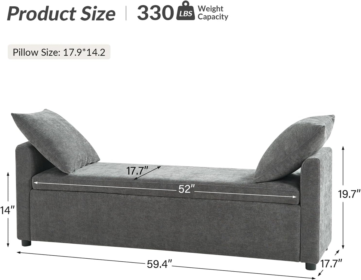 HULALA HOME Modern Storage Bench with Throw Pillows, 59.4" Extra Long Bedroom Ottoman Bench for End of Bed, Comfy Upholstered Footstool for Entryway Dining Room Living Room, Charcoal
