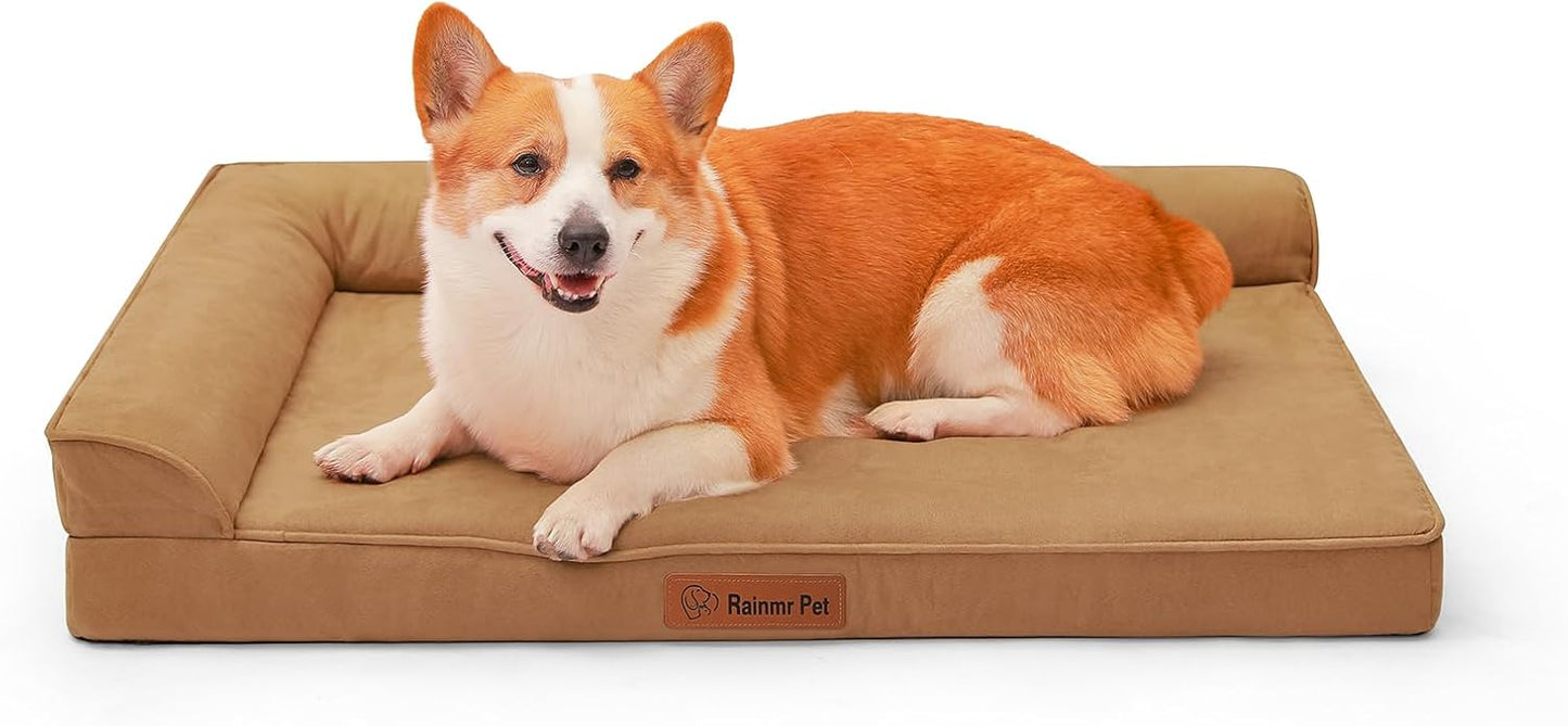 Upgraded Large Dog Bed, 3" Memory Foam with Waterproof Liner, Chew Resistant Microsuede Cover, Removable and Washable, for Indoor, Outdoor, and Car Use, Nonskid Base, 36x27 Inches L Khaki