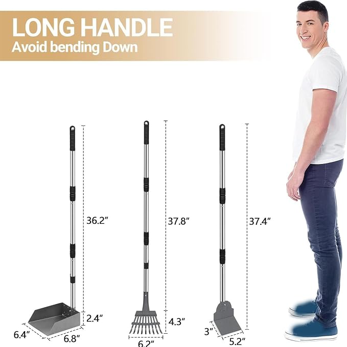 Dog Pooper Scooper Long Handle Adjustable, No Bending (Black) | Heavy Duty Stainless Steel Rake with Tray and Spade Set, Anti Stick, Easy Cleaning, for Grass, Dirt or Gravel