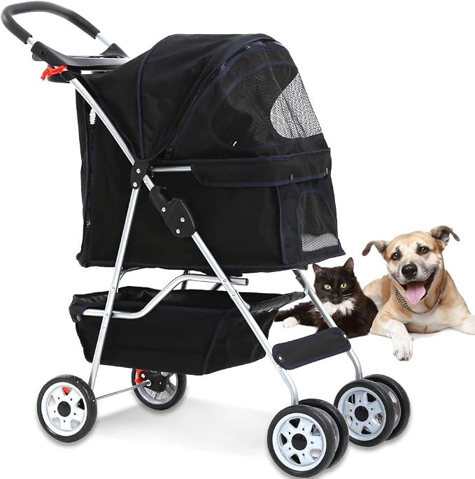 4 Wheel Pet Stroller Cat Dog Cage Stroller Travel Folding Carrier with Cup Holder and Removable Lining for Small and Medium Dogs, Cats (Black)