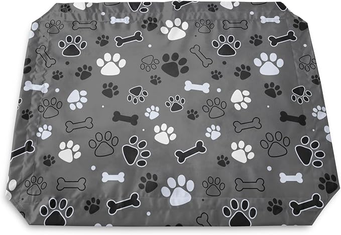 QOOMO Elevated Dog Bed with Cooling Fabric, Pet Cot for Small and Big Dogs, Indoor and Outdoor Use, Joint Relief, Cute Printed Cushion Included (Black Paw Prints, 47.24" L*31.89" W*9.45" Th)