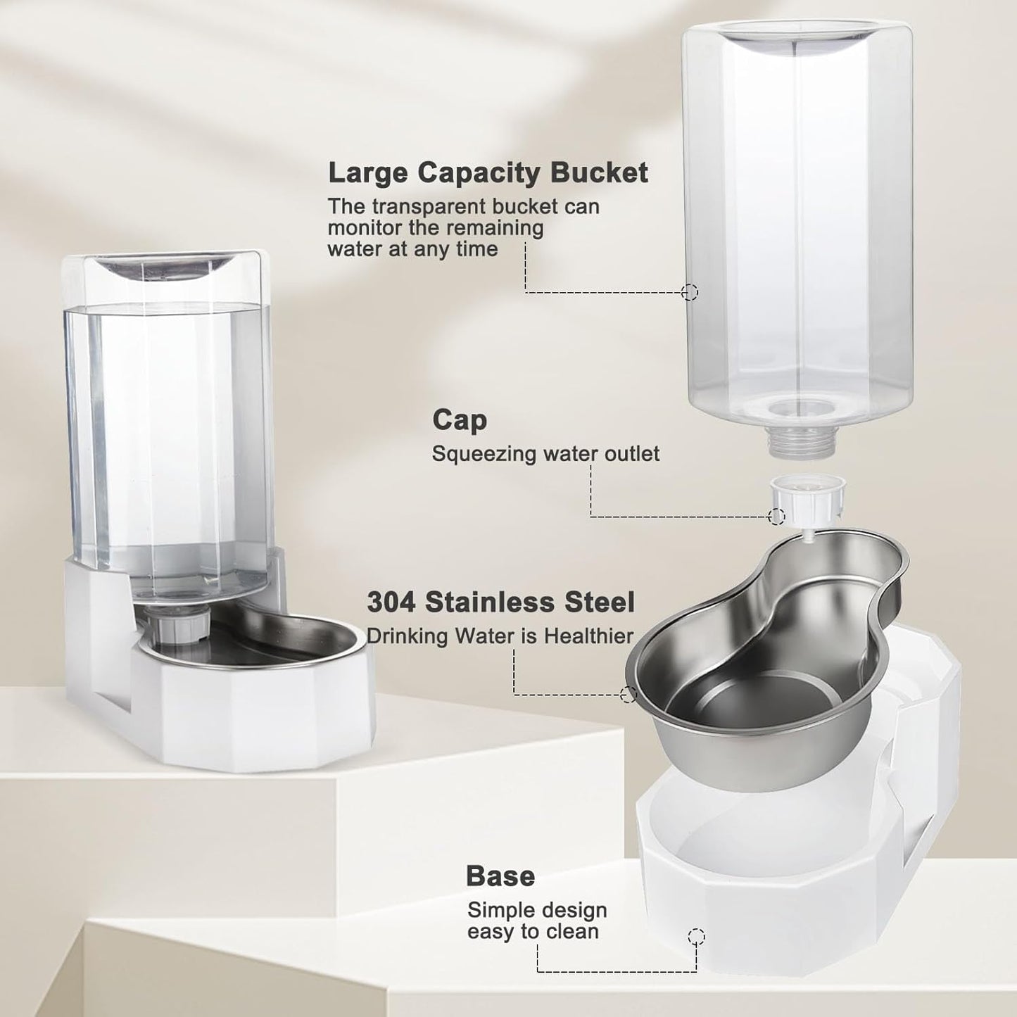Sfozstra Large Dog Water Dispenser: 8L Automatic White Water Feeder with Stainless Steel Bowl - Without Filter - Gravity Design for Multiple Pets Indoor/Outdoor