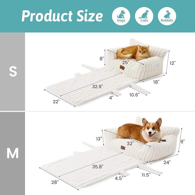 COZY KISS Cute Cat Bed with Removable Cover, Multifunctional Plush Faux Fur Pet Couch Bed with Blanket, Ultra-Soft Pet Furniture for Cats & Small Dogs (Cream, S: 25''x18'')