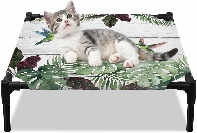 Outdoor Elevated Dog Bed for Small Dogs, Summer Hummingbirds Breathable Cooling Raised Dog Cot for Indoor/Outdoor, Tropical Palm Leaves Farmhouse Wood Waterproof Elevated Pet Beds, S 20 x 20 in