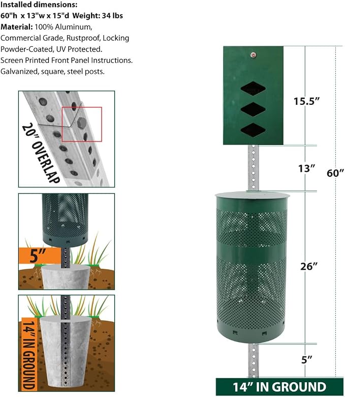 ZERO WASTE USA - Aluminum Low Profile Dog Waste Station, Gloss Green | 5' low-profile aluminum station with 400 roll bags, 25 liners, rust-proof construction, blends into parks and landscapes