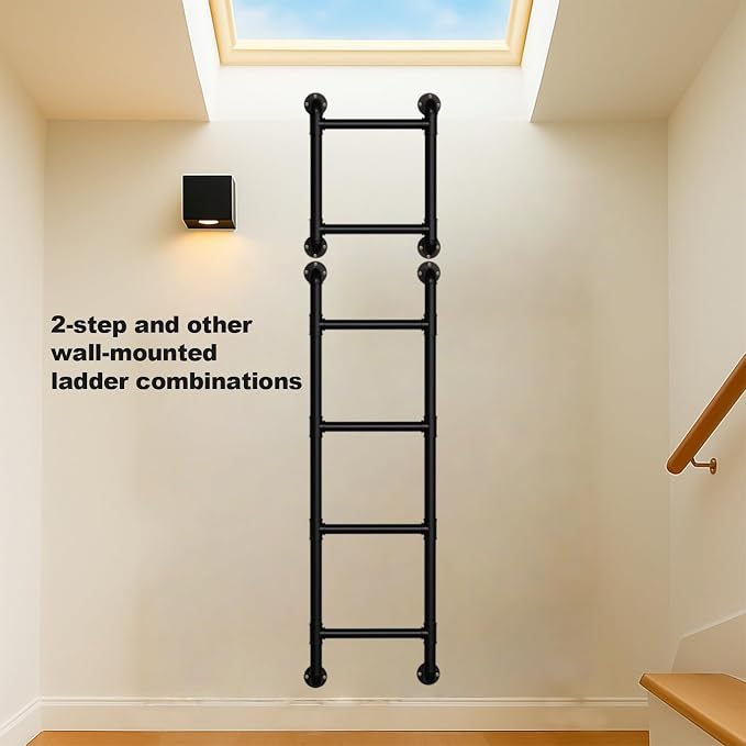3/4/5/6/7/8FT Safety Wall Mounted Steel Ladder - 2-Rung Pipe Egress Ladder for Window Well, Loft, Warehouse, Blanket Rack | Indoor & Small Space Use
