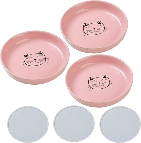 Lusifaco Shallow Cat Food Bowls, 5.9 Inch Wide Ceramic Cat Dish for Indoor Cat,Anti Whisker Fatigue Cat Dishes Set, Kitten Plates for Food and Water,Non-Slip Silicone Mat,3 Pack(Pink)