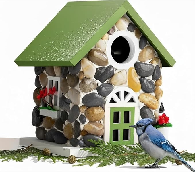 Masterpiece Bluebird House for Outside Clearance,Hanging Bird House for Outdoor, Stone Villa, River Pebbles Birdhouse for Outside, Garden Statue Solid Wood Longtime Lasting, Post Pole Mountable