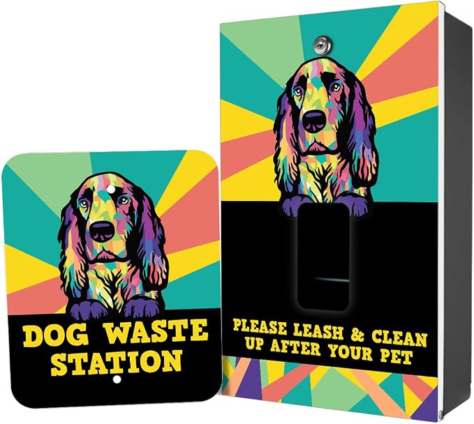 Dispense-Art Collection Pop Art Cocker Spaniel - Custom UV Printed Design on Rust-Proof Aluminum Dog Waste Station with 10-Gallon Lidded Can, 400 MittN Dog Waste Bags & 25 Can Liners