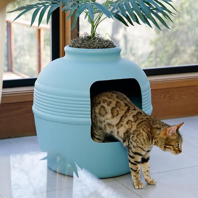 Good Pet Stuff Original Hidden Litter Box Planter, Decorative Cat Litter Enclosure with Carbon Filter, Artificial Palm Plant, Upgraded Design, Easy to Clean, Base Kit, Caribbean Blue