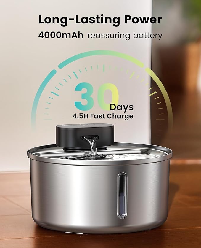 oneisall Cat Water Fountain Wireless: Stainless Steel 3.2L/108oz Cordless Pet Water Fountain, Ultra Quiet SilentFlow™ Pump, Battery Operated Automatic Water Dispenser for Cats Indoor, Motion Sensor