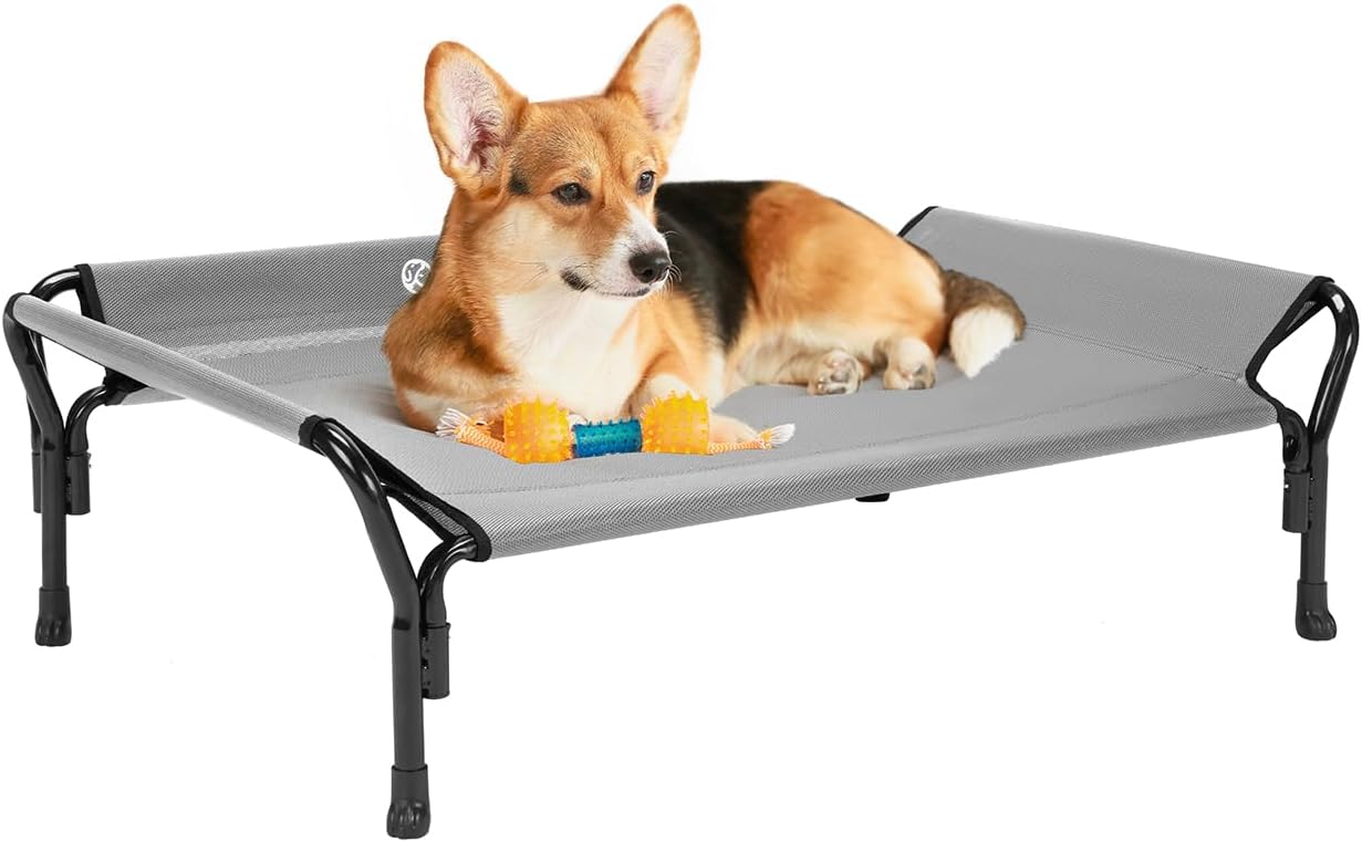 Veehoo Cooling Elevated Dog Bed, Raised Pet Cot with Guardrail & Slope Headrest, Durable Breathable Teslin Mesh, Non-Slip Feet, Washable Dog Couch Bed for Indoor & Outdoor, Medium 39.5" x 28", Gray