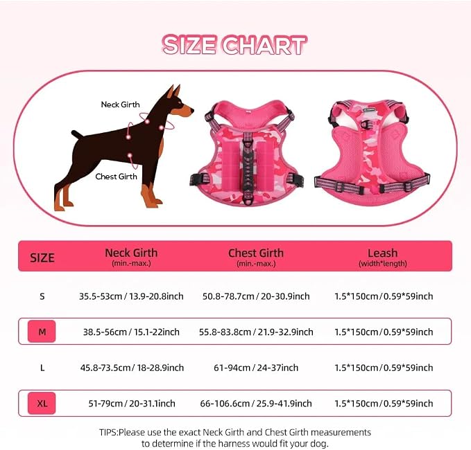 Tactical Dog Harness with Leash for Large Dogs, No Pull Adjustable Dog Harness, Reflective K9 Working Pet Vest for Walking, Training (Fuchsia Camo, L)