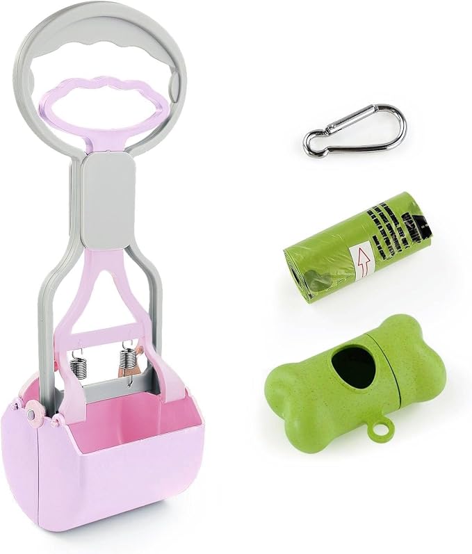 Andiker Dog Pooper Scooper with Short Handle, 10.23" Tall Dual-Spring Pet Pooper Scooper with 1 Roll of Dog Poop Bag and a Dispenser Easy to Use Dog Poop Scooper for Yard Picking Waste Up (Purple)