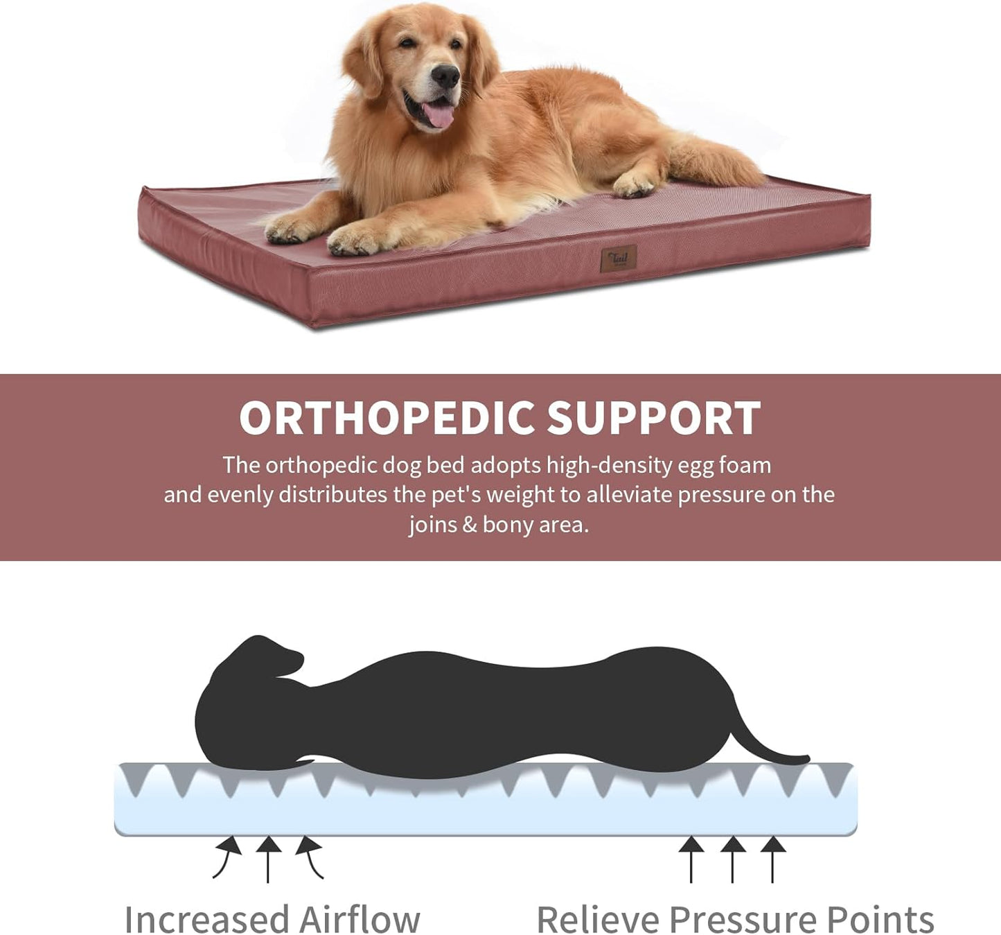 Outdoor Extra Large Dog Bed for Big Dogs, Waterproof Dog Bed for Large Dogs, Egg Crate Foam XL Pet Bed with Removable Washable Oxford Cooling Cover, Pink