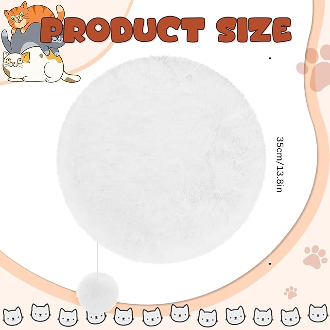 Abbylike 3 Pack 14" Round Cat Dog Bed Cushion Pad Mat Faux Rabbit Fur Pet Sleeping Mat with Small Ball Warm Plush Anti Slip Washable Cat Tree Tower Replacement Cushion Pad for Carrier Crate, White