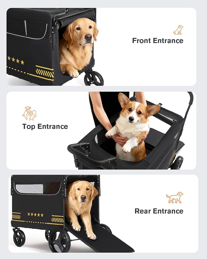All Terrain Pet Stroller for Medium & Large Dogs with Ramp | Foldable Dog Stroller with Brakes, 3 Entrances, Dual Adjustable Handles with Reversible Push, 160lbs Weight Capacity