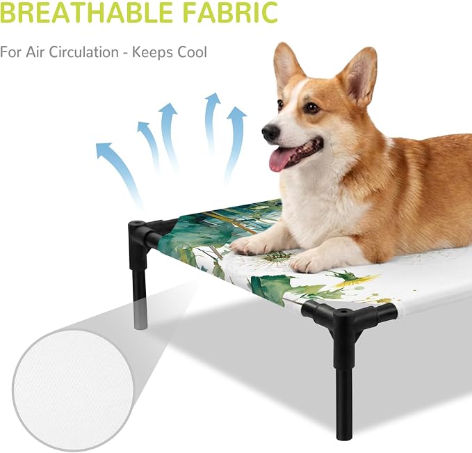 Outdoor Elevated Dog Bed for Large Dogs, Hanging Dandelions Breathable Cooling Raised Dog Cot for Indoor/Outdoor, Green Leaves Botanical Flower Minimalist Waterproof Elevated Pet Beds, L 28 x 22 in