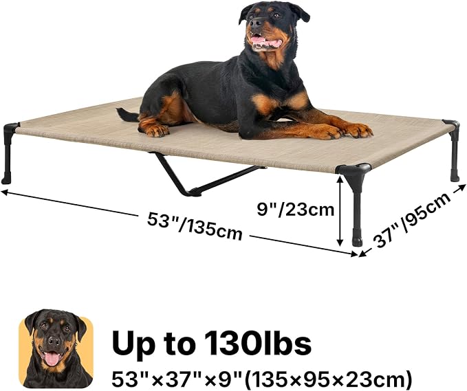 Veehoo Outdoor Elevated Dog Bed Large Sized Dogs, Cooling Raised Dog Cots | Off-ground training platform, portable camping hammock, breathable mesh, easy to clean, no-tool setup, 53"x37", Beige Coffee