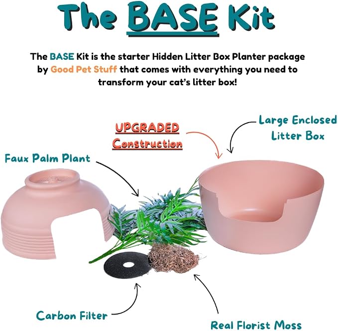 Good Pet Stuff Original Hidden Litter Box Planter, Decorative Cat Litter Enclosure with Carbon Filter, Artificial Palm Plant, Upgraded Design, Easy to Clean, Base Kit, Pink Coral